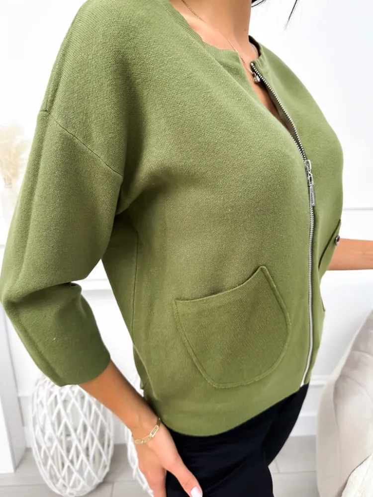 Khaki Sweterek z Kieszonkami 11398-518-D|Modna Kiecka Outlet