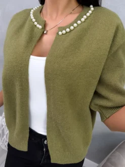 Khaki Sweterek z Perełkami 13080-290-E|Modna Kiecka New