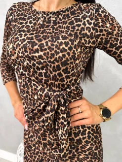 Klasyczna Sukienka w Panterkę z Wiązaniem 13087-242-Q|Modna Kiecka Fashion
