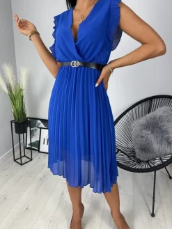 Kobaltowa Plisowana Sukienka z Paskiem 11849-103-B|Modna Kiecka New
