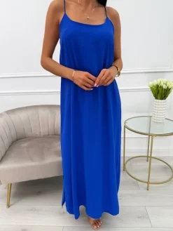 Kobaltowa Sukienka Maxi na Ramiączkach 13880-143-E|Modna Kiecka Hot