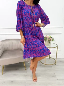 Kobaltowa Sukienka Oversize w Różowy Wzór 14041-361-B|Modna Kiecka Clearance