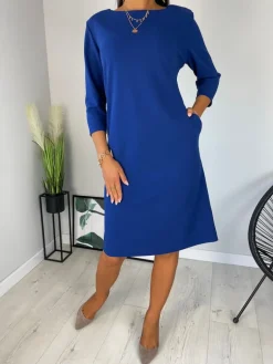 Kobaltowa Sukienka z Kieszeniami 11372-219-D|Modna Kiecka Fashion