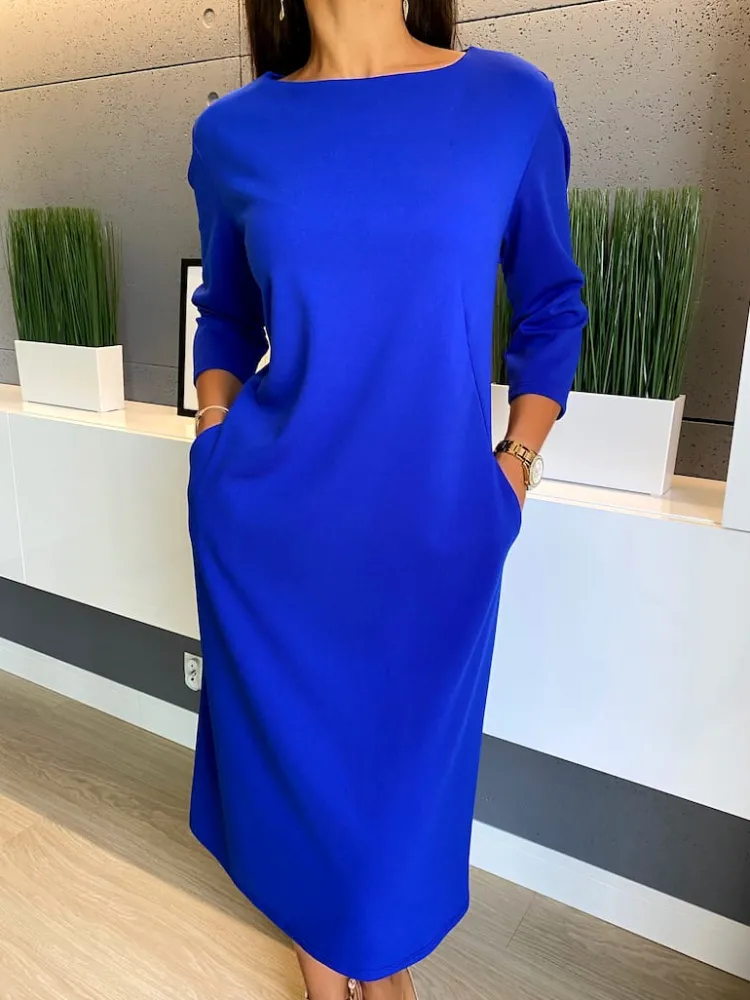 Kobaltowa Sukienka z Kieszeniami 11372-219-D|Modna Kiecka Fashion