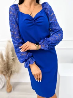 Kobaltowa Sukienka z Koronkowym Rękawem 10868-507-B|Modna Kiecka Fashion
