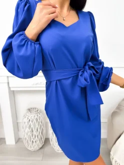 Kobaltowa Sukienka z Paskiem 11642-348-D|Modna Kiecka Fashion