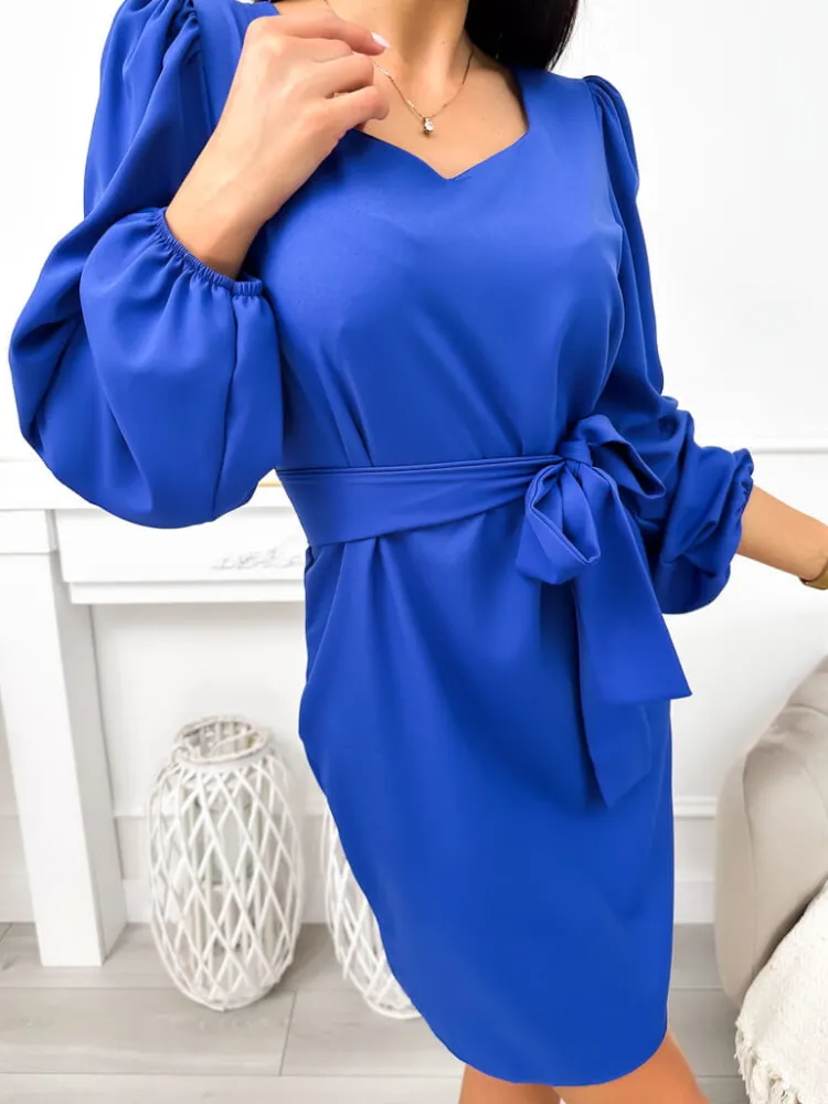 Kobaltowa Sukienka z Paskiem 11642-348-D|Modna Kiecka Fashion