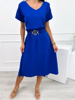 Kobaltowa Sukienka z Paskiem 12387-406-D|Modna Kiecka Fashion