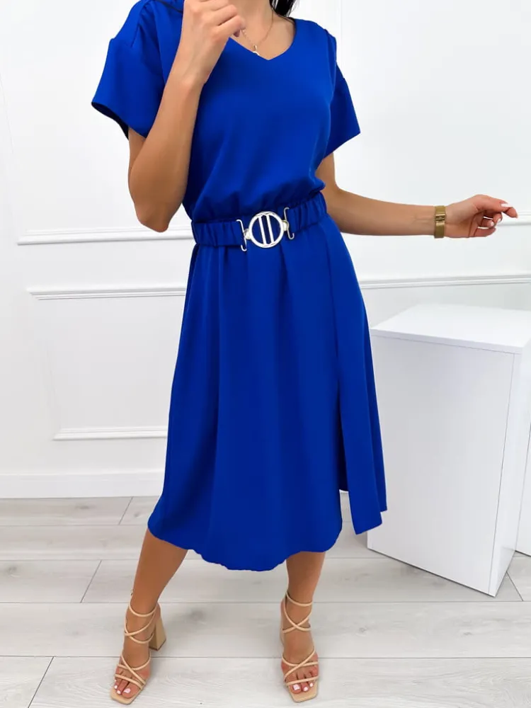 Kobaltowa Sukienka z Paskiem 12387-406-D|Modna Kiecka Fashion