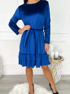 Kobaltowa Welurowa Sukienka z Falbankami 9346-281-D|Modna Kiecka Outlet