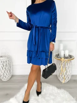 Kobaltowa Welurowa Sukienka z Falbankami 9346-281-D|Modna Kiecka Outlet