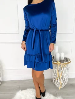 Kobaltowa Welurowa Sukienka z Falbankami 9346-281-D|Modna Kiecka Outlet