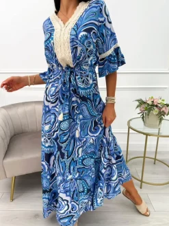 Kobaltowo-Granatowa Sukienka Maxi z Ozdobnym Dekoltem 14044-210-C|Modna Kiecka Outlet