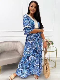 Kobaltowo-Granatowa Sukienka Maxi z Ozdobnym Dekoltem 14044-210-C|Modna Kiecka Outlet