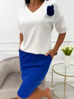Kobaltowo-Kremowy Komplet Bluzka z Ozdobą + Spódnica 13800-212-I|Modna Kiecka Outlet