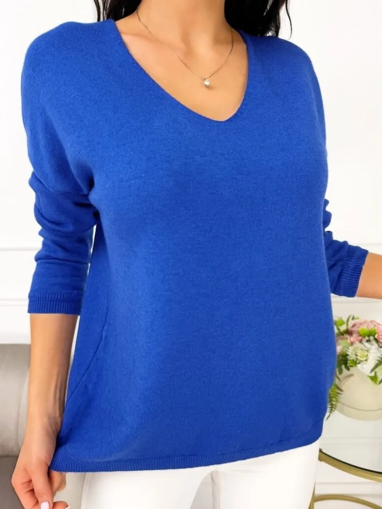 Kobaltowy Sweterek z Dekoltem V 13538-235-B|Modna Kiecka New