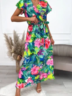Kolorowa Sukienka Maxi w Roślinny Wzór 10195-272-Q|Modna Kiecka Hot