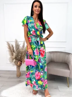 Kolorowa Sukienka Maxi w Roślinny Wzór 10195-272-Q|Modna Kiecka Hot