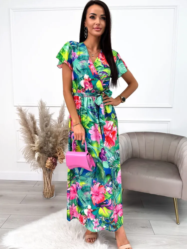 Kolorowa Sukienka Maxi w Roślinny Wzór 10195-272-Q|Modna Kiecka Hot