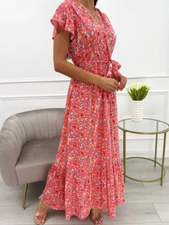 Koralowa Sukienka Maxi w Kwiaty  13924-532-C|Modna Kiecka Discount