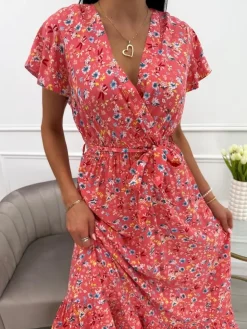 Koralowa Sukienka Maxi w Kwiaty  13924-532-C|Modna Kiecka Discount