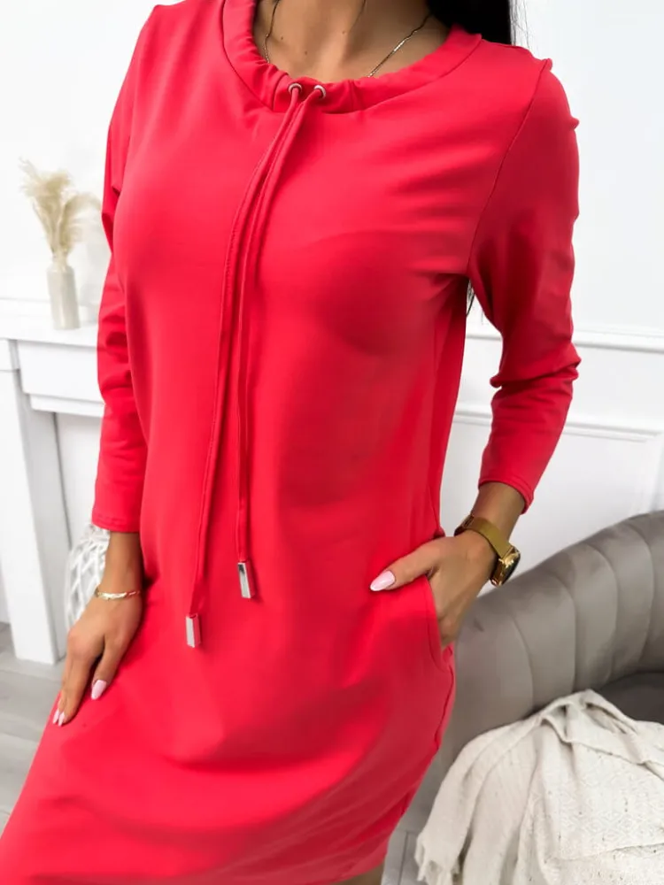 Koralowa Sukienka z Kieszeniami 10695-515-I|Modna Kiecka Fashion