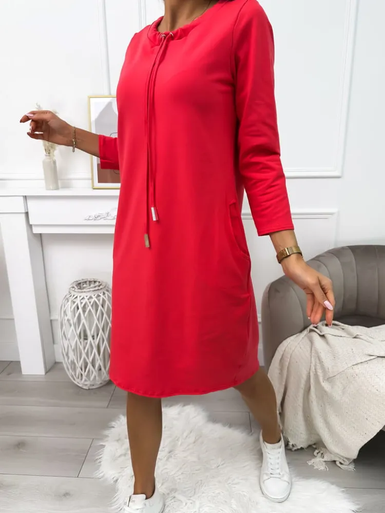 Koralowa Sukienka z Kieszeniami 10695-515-I|Modna Kiecka Fashion