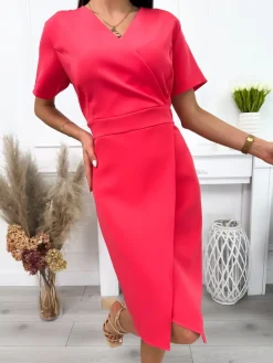 Koralowa Sukienka z Kopertowym Dekoltem 12127-16-E|Modna Kiecka Fashion