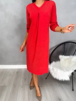 Koralowa Sweterkowa Sukienka z Dekoltem V 12923-101-E|Modna Kiecka New