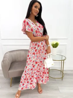 Koralowo-Niebieska Sukienka z Motywem Kwiatowym 13929-303-B|Modna Kiecka Fashion