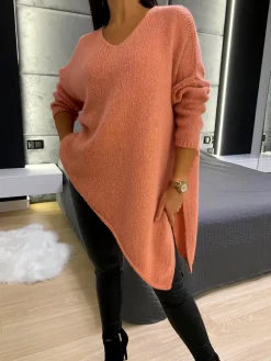 Koralowy Asymetryczny Sweterek 11752-349-D|Modna Kiecka Hot