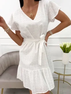 Kremowa Ażurowa Sukienka z Paskiem 12248-65-D|Modna Kiecka Outlet