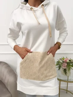 Kremowa Bluza z Kapturem i Ozdobną Kieszenią 13550-120-B|Modna Kiecka Hot