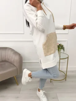Kremowa Bluza z Kapturem i Ozdobną Kieszenią 13550-120-B|Modna Kiecka Hot