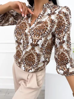 Kremowa Bluzka w Brązowy Wzór 12624-335|Modna Kiecka Discount