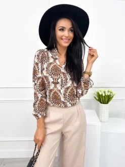 Kremowa Bluzka w Brązowy Wzór 12624-335|Modna Kiecka Discount