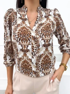 Kremowa Bluzka w Brązowy Wzór 12624-335|Modna Kiecka Discount