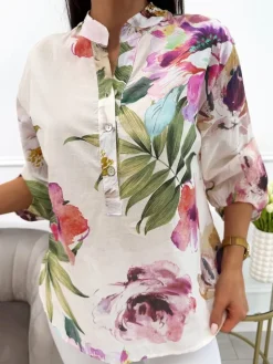 Kremowa Bluzka w Pudrowe Kwiaty 13801-210-B|Modna Kiecka New