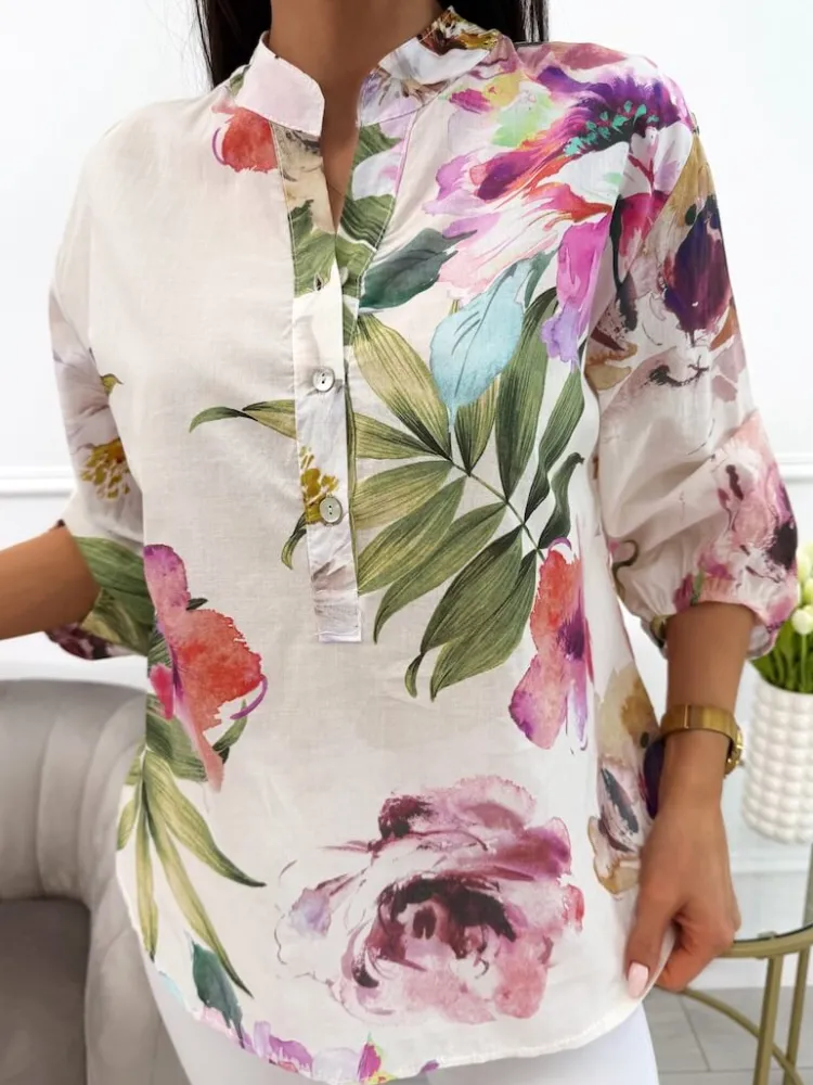 Kremowa Bluzka w Pudrowe Kwiaty 13801-210-B|Modna Kiecka New