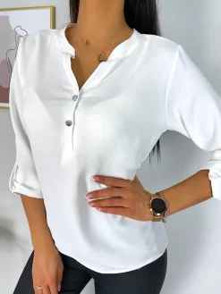 Kremowa Bluzka z Guziczkami 11369-502-D|Modna Kiecka Online
