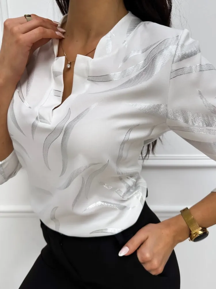Kremowa Bluzka z Srebrnym Wzorem 13306-132-Q|Modna Kiecka Outlet