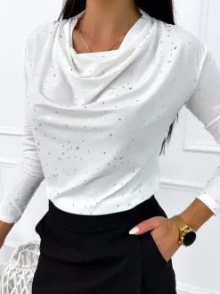 Kremowa Bluzka ze Złotym Wzorem 12801-419|Modna Kiecka Outlet