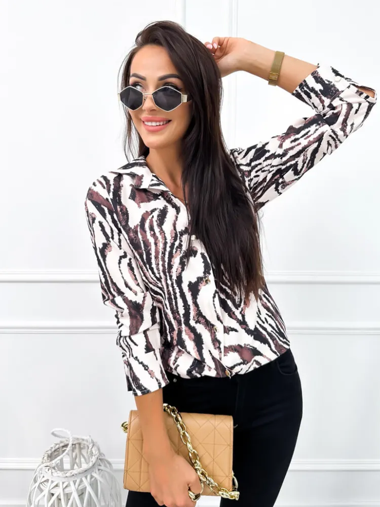 Kremowa Koszula z Motywem Zwierzęcym 12656-95-C|Modna Kiecka Fashion