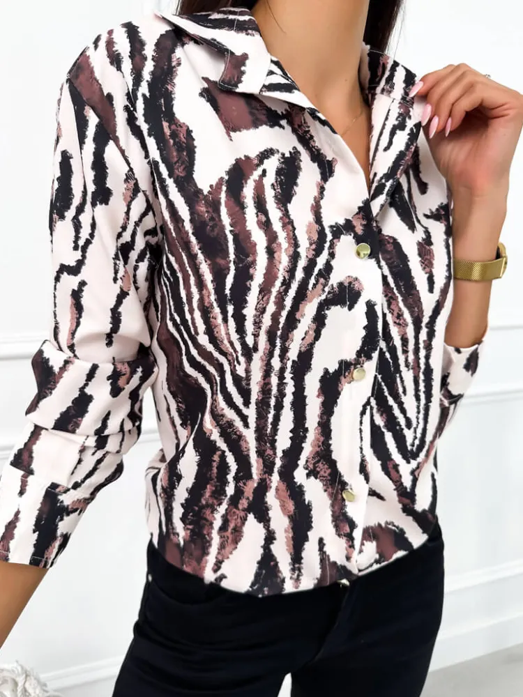 Kremowa Koszula z Motywem Zwierzęcym 12656-95-C|Modna Kiecka Fashion