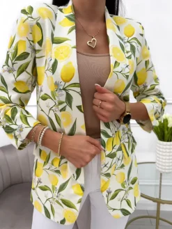 Kremowa Marynarka w Cytrynowy Wzór 13999-112-Q|Modna Kiecka Outlet