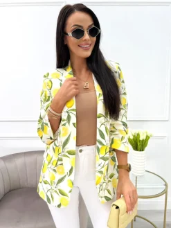 Kremowa Marynarka w Cytrynowy Wzór 13999-112-Q|Modna Kiecka Outlet
