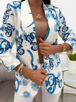 Kremowa Marynarka w Niebieski Wzór 13917-519-Q|Modna Kiecka Fashion