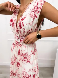 Kremowa Plisowana Sukienka w Czerwony Wzór 12448-187-A|Modna Kiecka Fashion
