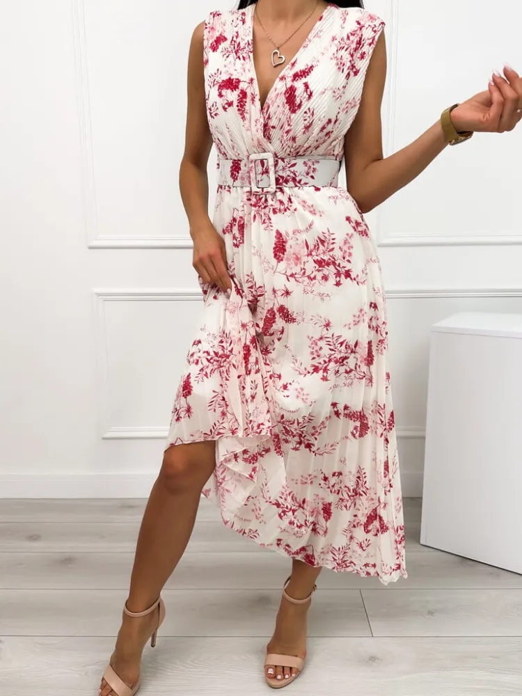 Kremowa Plisowana Sukienka w Czerwony Wzór 12448-187-A|Modna Kiecka Fashion