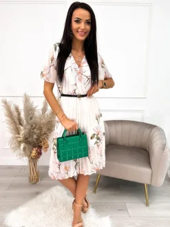 Kremowa Plisowana Sukienka w Kwiaty 10147-35-B|Modna Kiecka Online